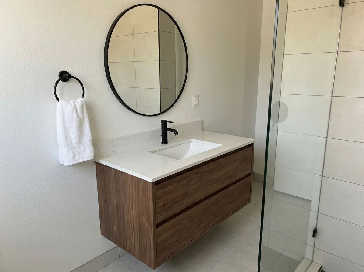 Close view of the finished floating walnut vanity with a quartz top, matte black faucet, round black mirror and towel ring.