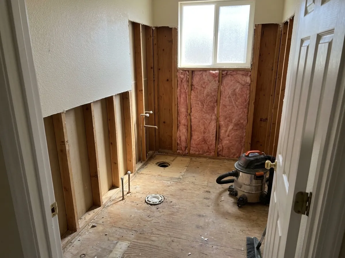 The same bathroom after demolition: walls open to the studs, insulation under the window, plywood subfloor swept clean.