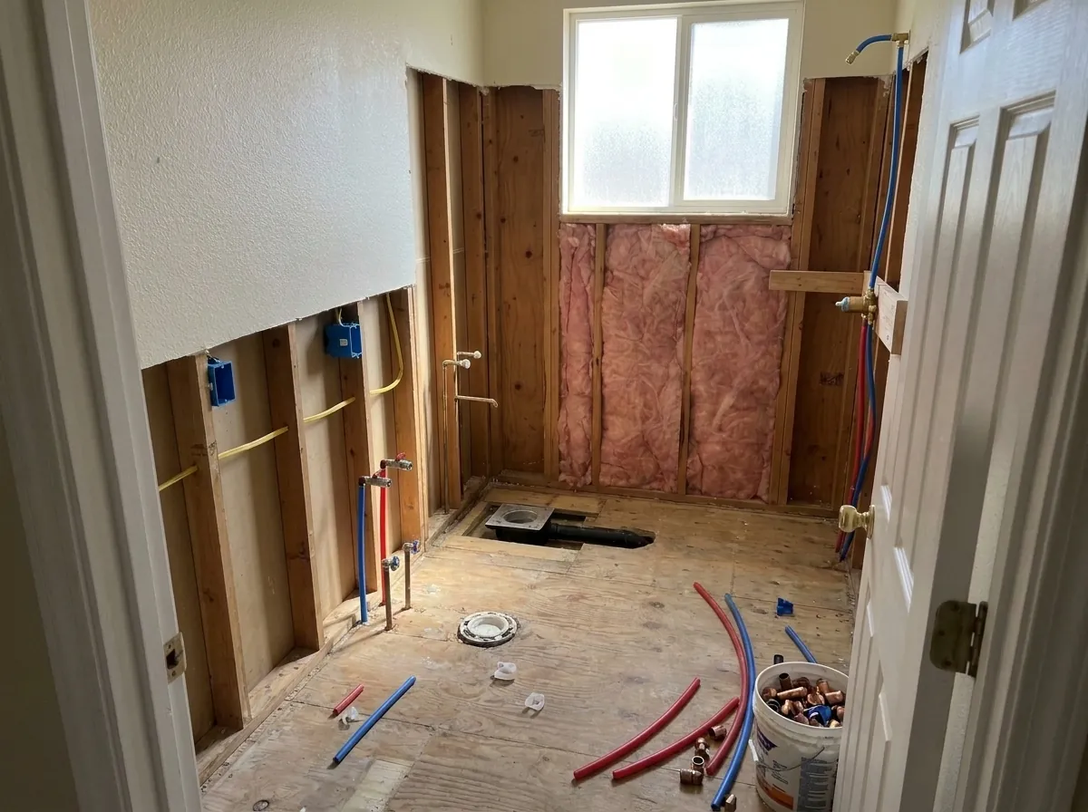 Plumbing and electrical rough-in: new shower valve on a brace, red and blue PEX lines, new center drain, blue electrical boxes for the vanity lights.