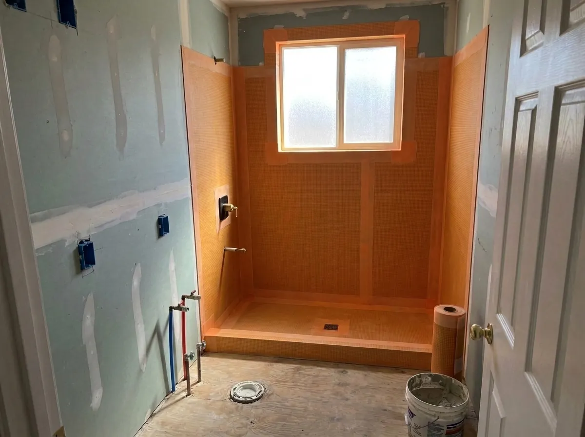Orange waterproofing membrane covering the shower walls, sloped pan and curb, new drywall on the other walls.